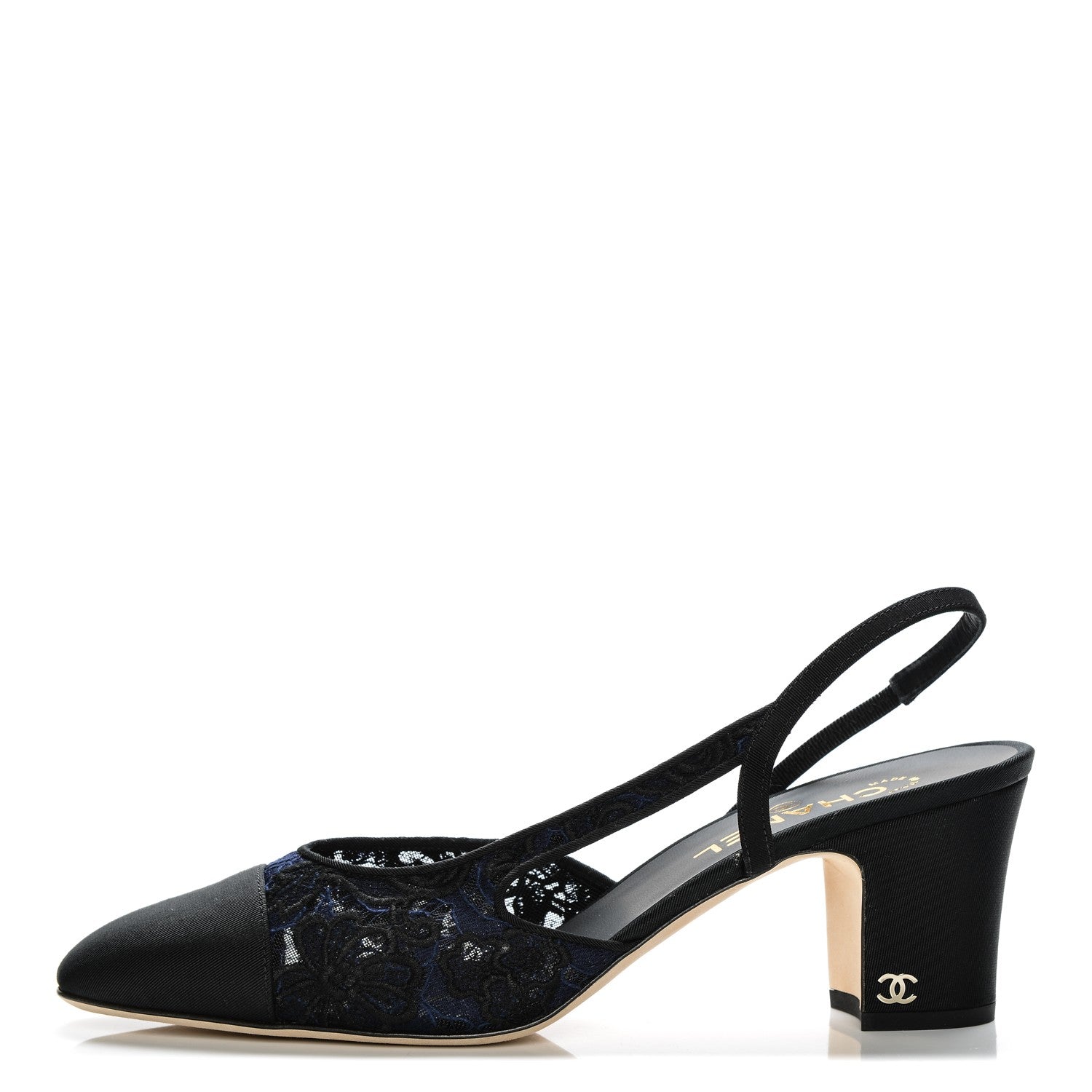 Chanel Lace Grosgrain Cap Toe CC Slingback Pumps 41 Navy Black 1 of 9