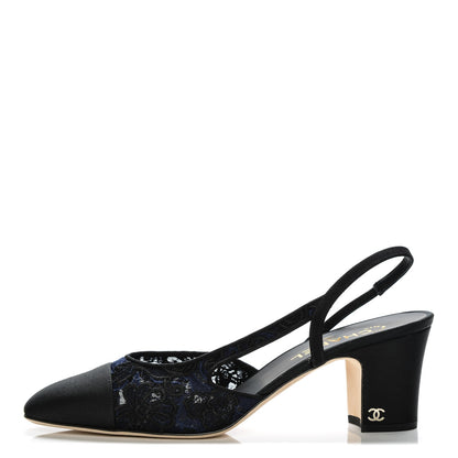 Chanel Lace Grosgrain Cap Toe CC Slingback Pumps 41 Navy Black 1 of 9