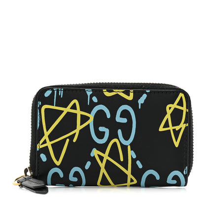 Gucci Calfskin GucciGhost Zip Around Card Case Black New Acquamarine 1 of 12
