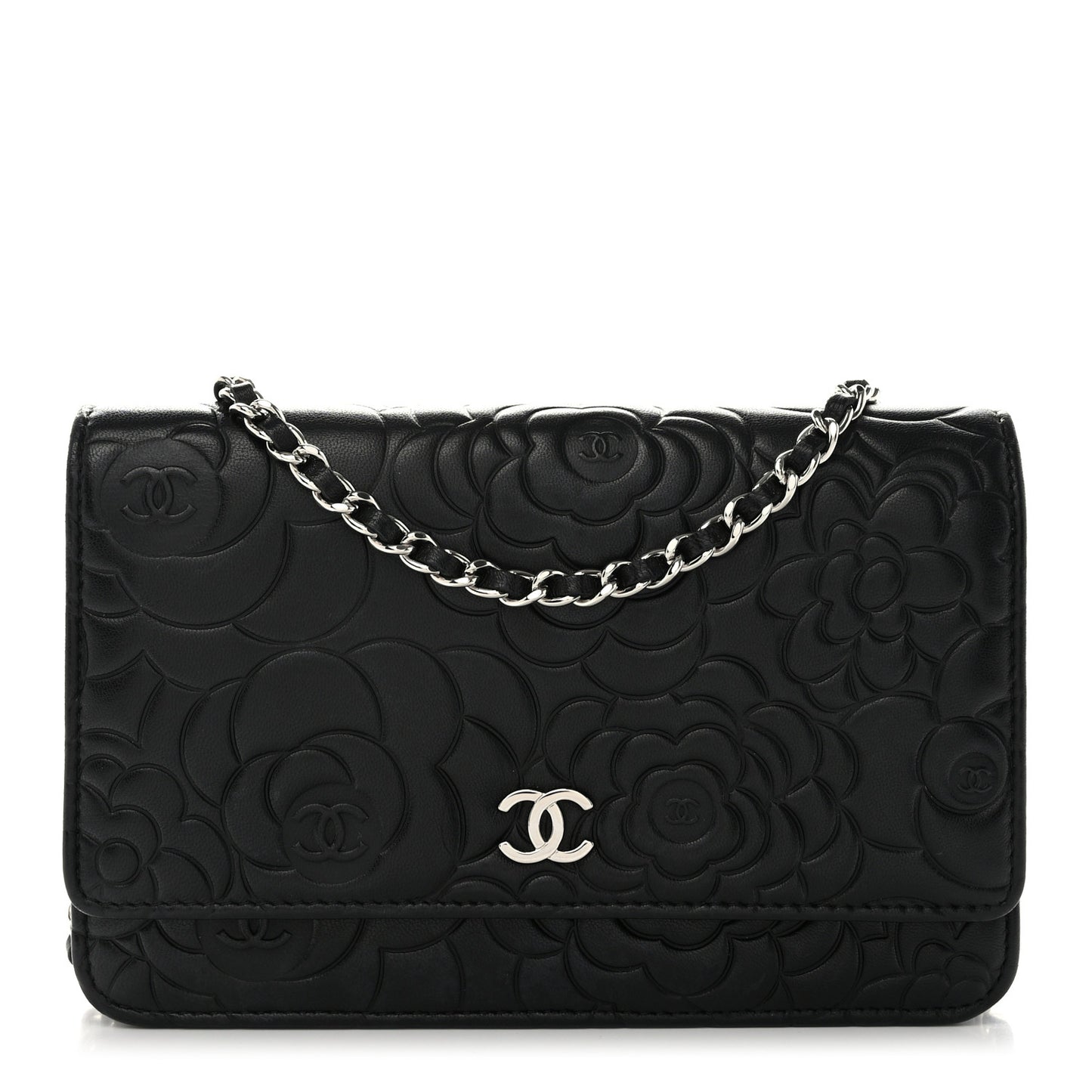 Lambskin Camellia Embossed Wallet on Chain WOC Black
