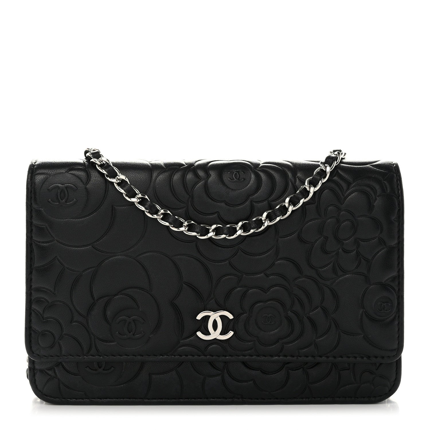 Chanel Lambskin Camellia Embossed Wallet on Chain WOC Black 1 of 13