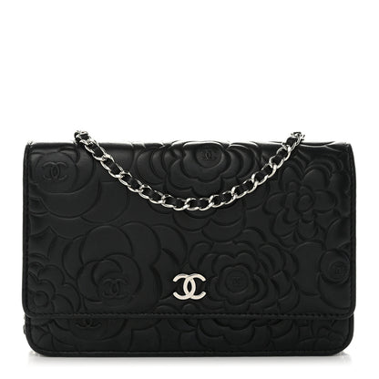 Chanel Lambskin Camellia Embossed Wallet on Chain WOC Black 1 of 13