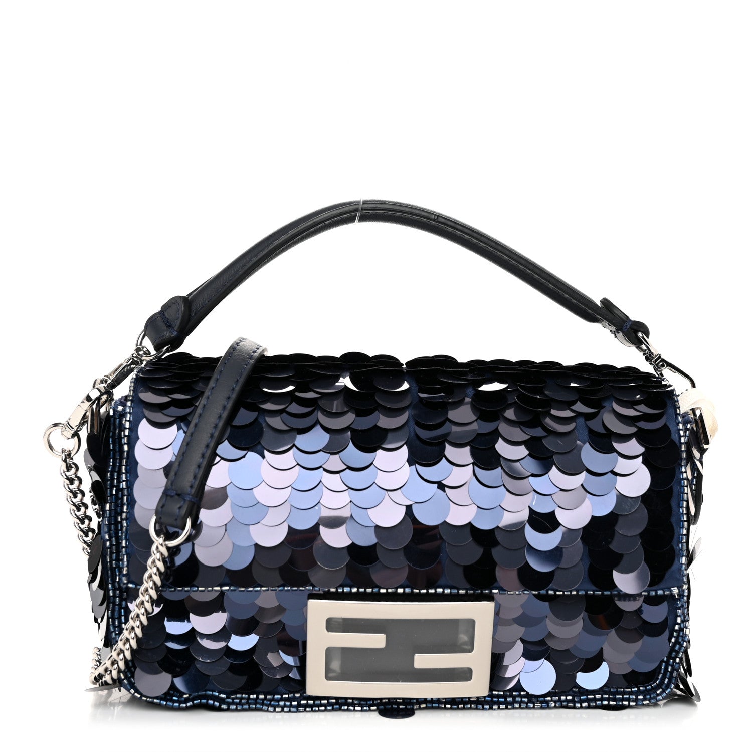 Fendi Sequin Paillettes Vitello Grace Striped Mini Baguette Dark Blue Lunai 1 of 10