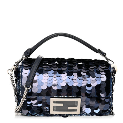 Fendi Sequin Paillettes Vitello Grace Striped Mini Baguette Dark Blue Lunai 1 of 10
