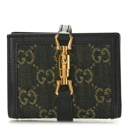 Gucci Jacquard Black Denim GG Monogram Textured Dollar Calfskin Jackie 1961 Card Case Black Ivory 1 of 9