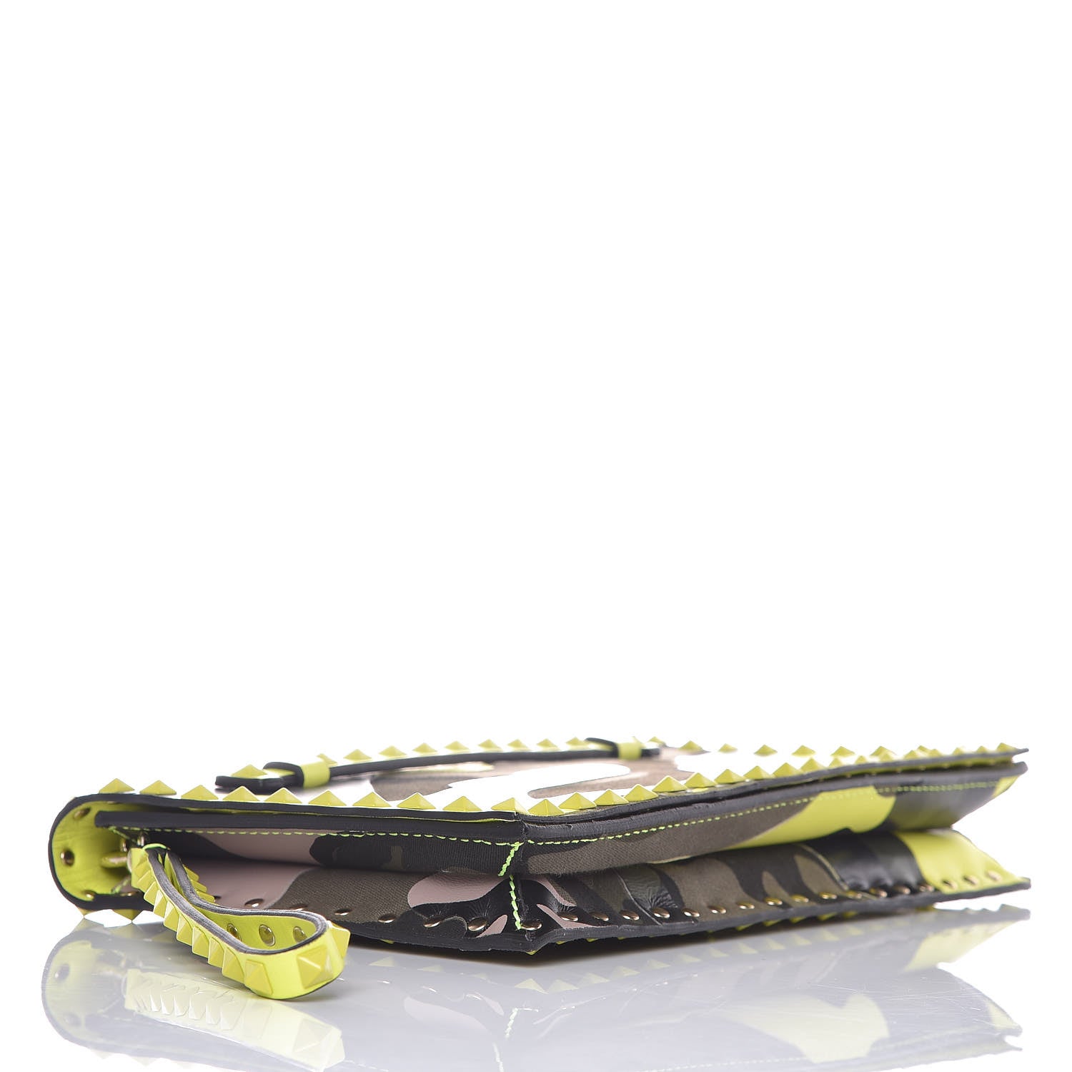 Valentino Garavani Nappa Canvas Camouflage Rockstud Wristlet Clutch Yellow Fluo Green 4 of 12