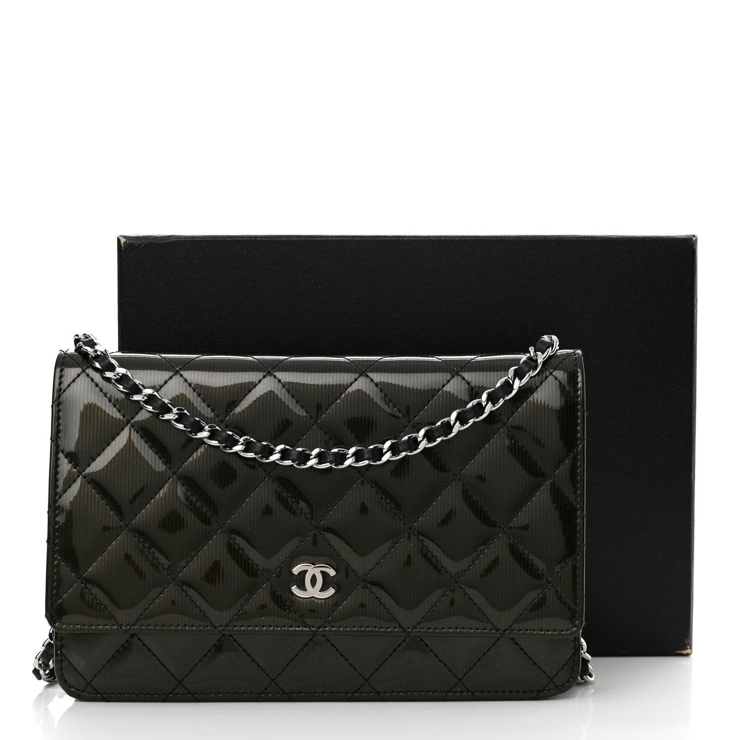 Chanel Striated Patent Quilted Wallet on Chain WOC Black 12 of 12