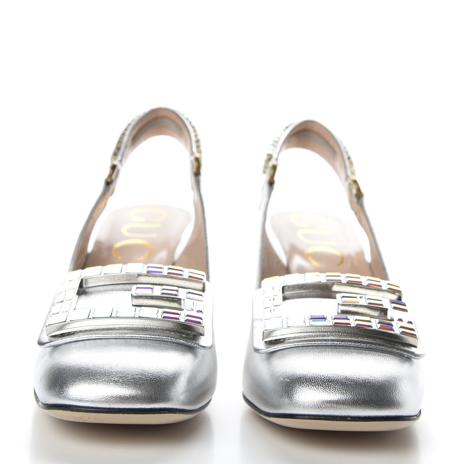 Gucci Metallic Nappa Crystal Square G Madelyn Slingbacks 36 Silver 2 of 11