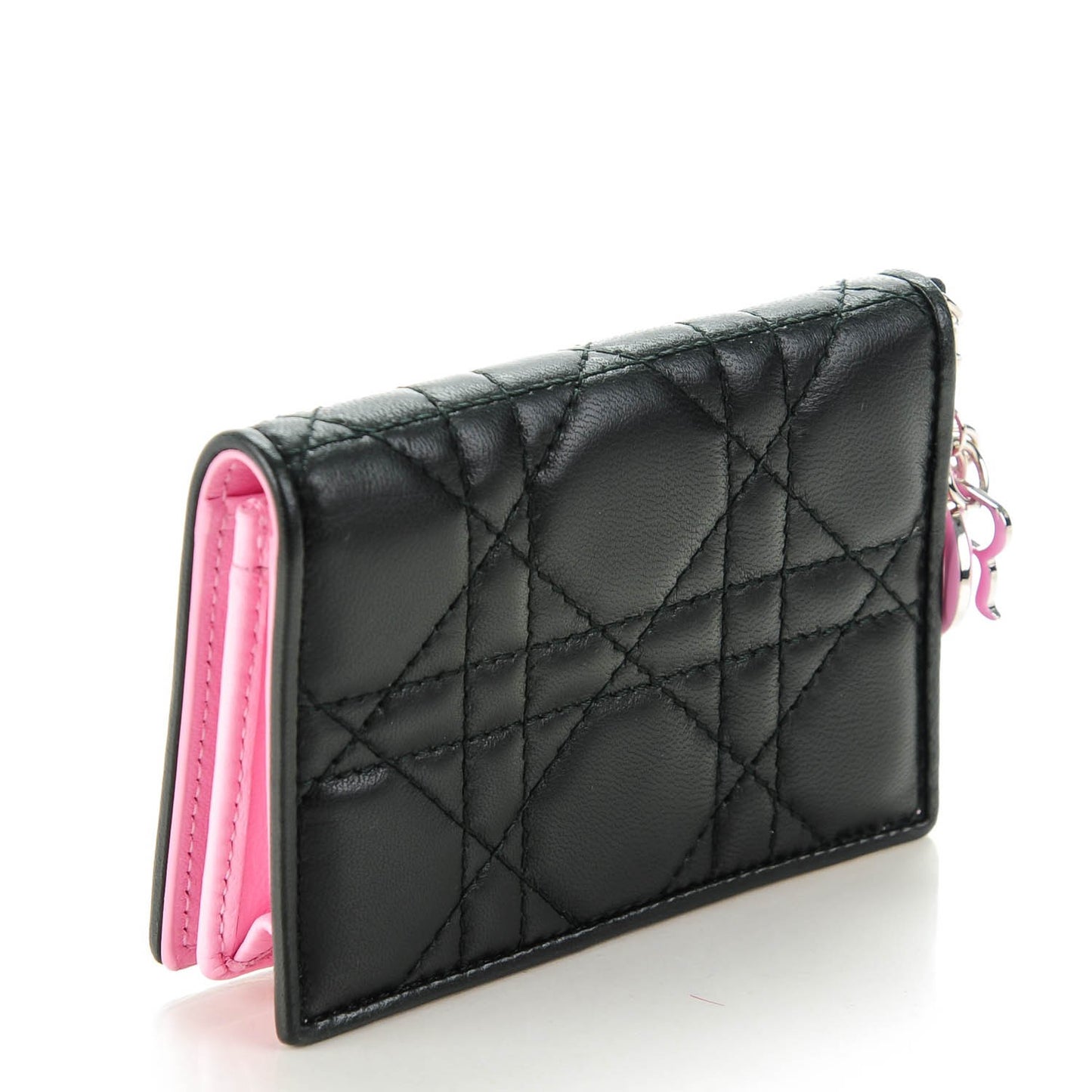Lambskin Cannage Bi-Color Small Lady Dior Flap Card Holder Black Pink