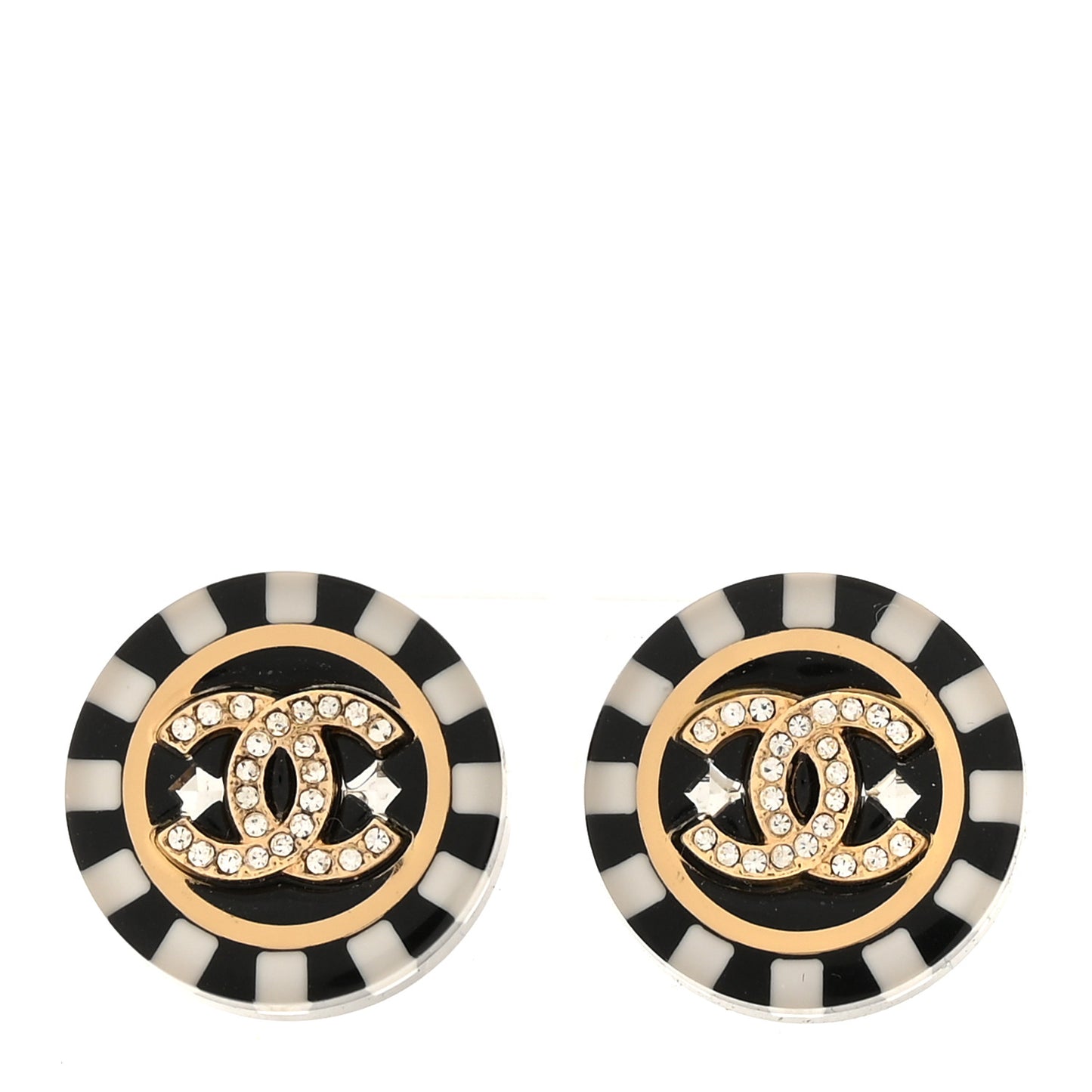Resin Crystal CC Round Poker Chip Earrings Black White Gold