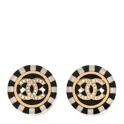 Chanel Resin Crystal CC Round Poker Chip Earrings Black White Gold 1 of 5