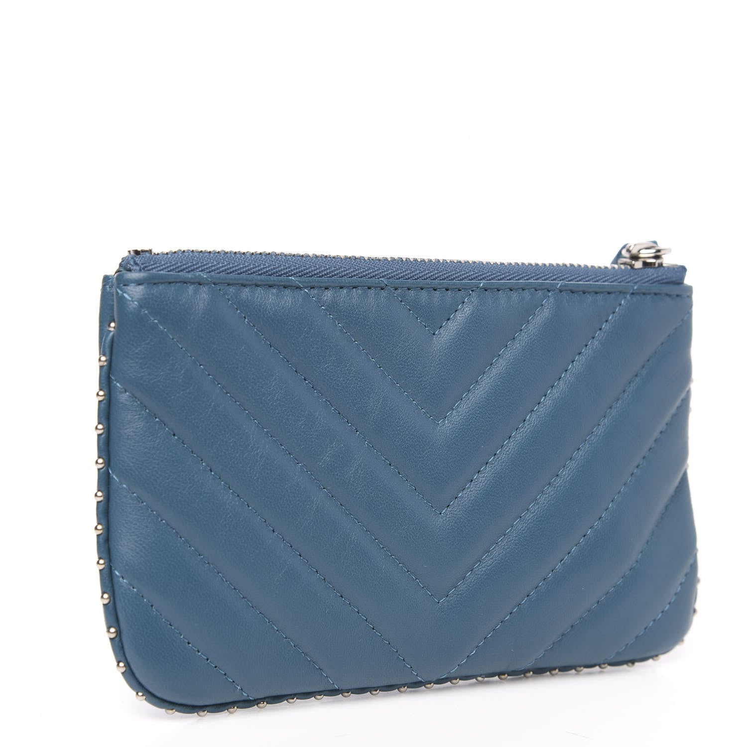 Chanel Lambskin Chevron Quilted Studded Small Cosmetic Case Blue 2 of 7