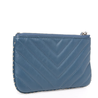Chanel Lambskin Chevron Quilted Studded Small Cosmetic Case Blue 2 of 7