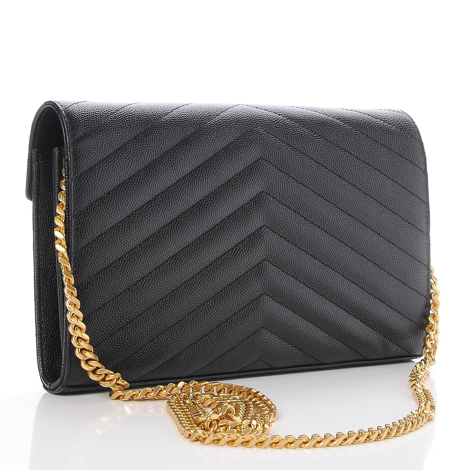Saint Laurent Grain De Poudre Matelasse Chevron Monogram Chain Wallet Black 3 of 7