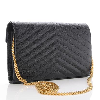 Saint Laurent Grain De Poudre Matelasse Chevron Monogram Chain Wallet Black 3 of 7