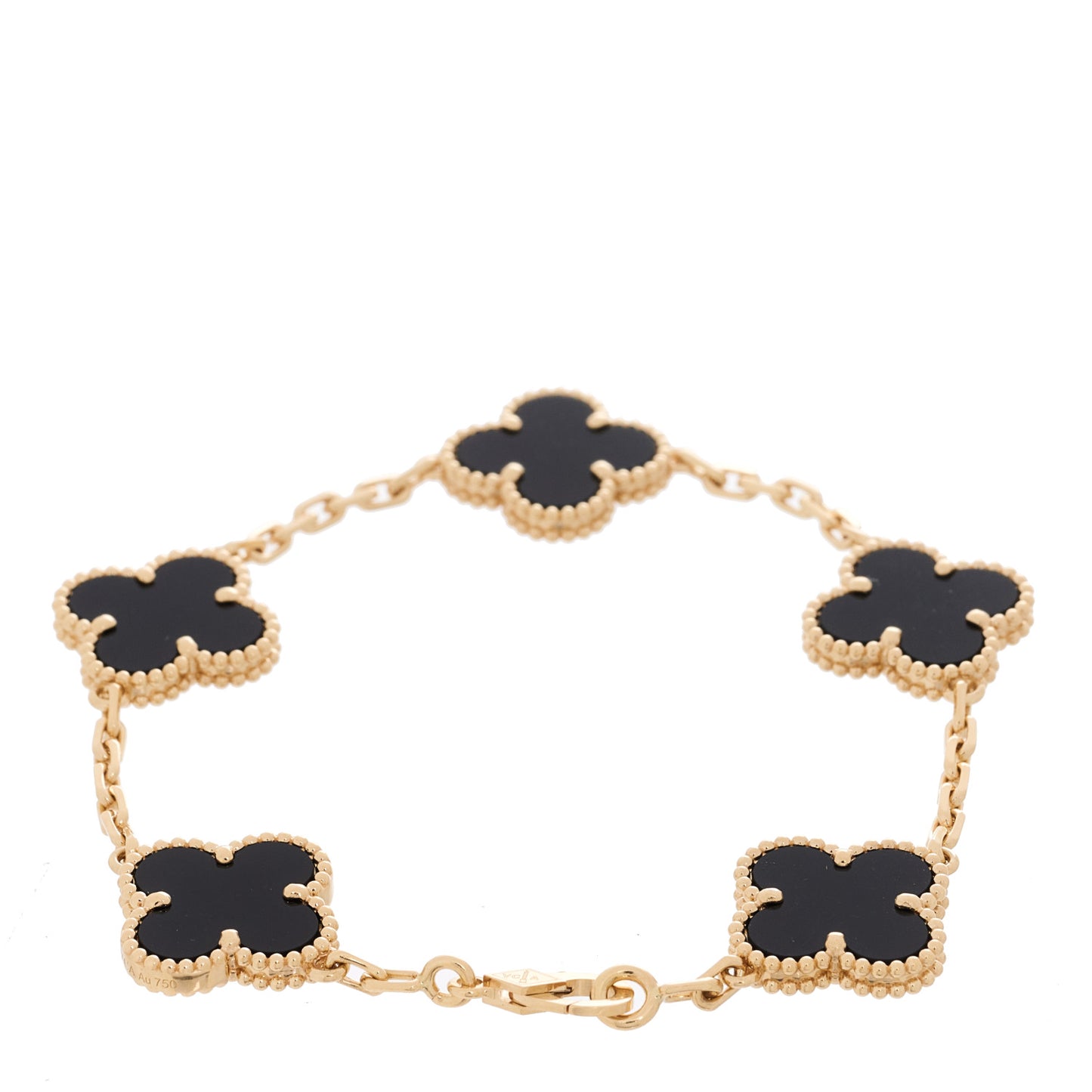 18K Yellow Gold Black Onyx 5 Motifs Vintage Alhambra Bracelet