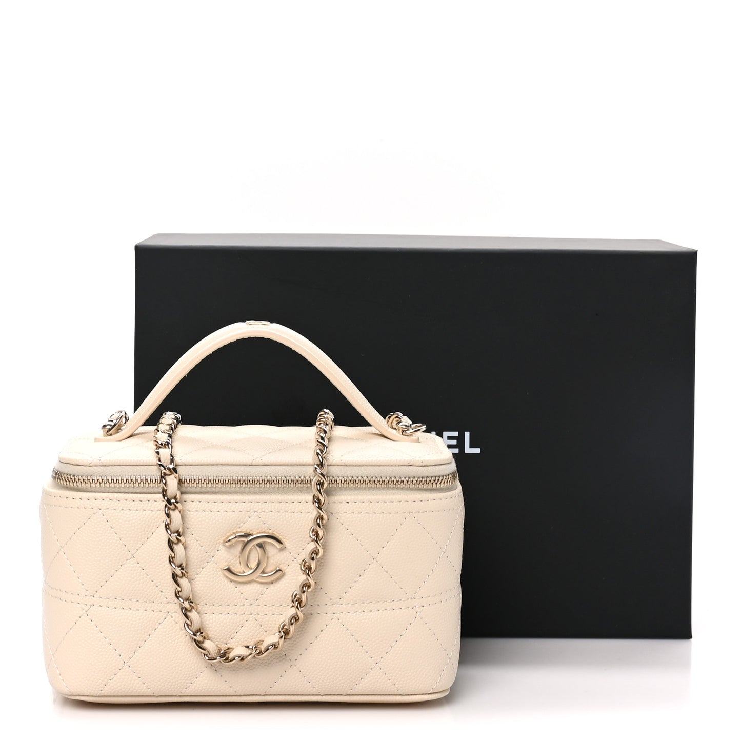 Caviar Quilted Trendy Handle Mini Vanity Ecru