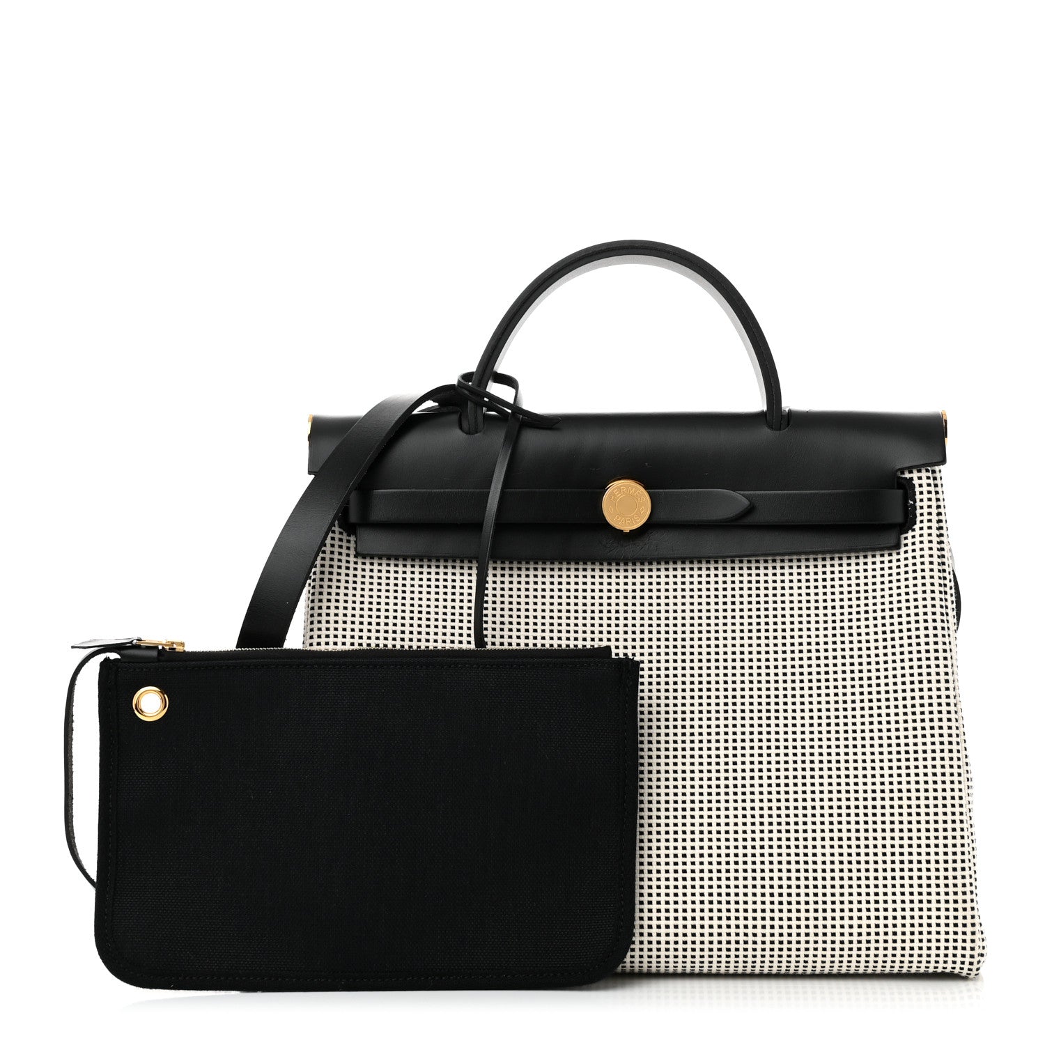 Hermes Vache Hunter Toile Quadrille Viking Herbag Zip Retourne 31 PM Ecru Black 3 of 11