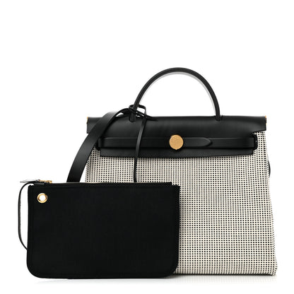 Hermes Vache Hunter Toile Quadrille Viking Herbag Zip Retourne 31 PM Ecru Black 3 of 11