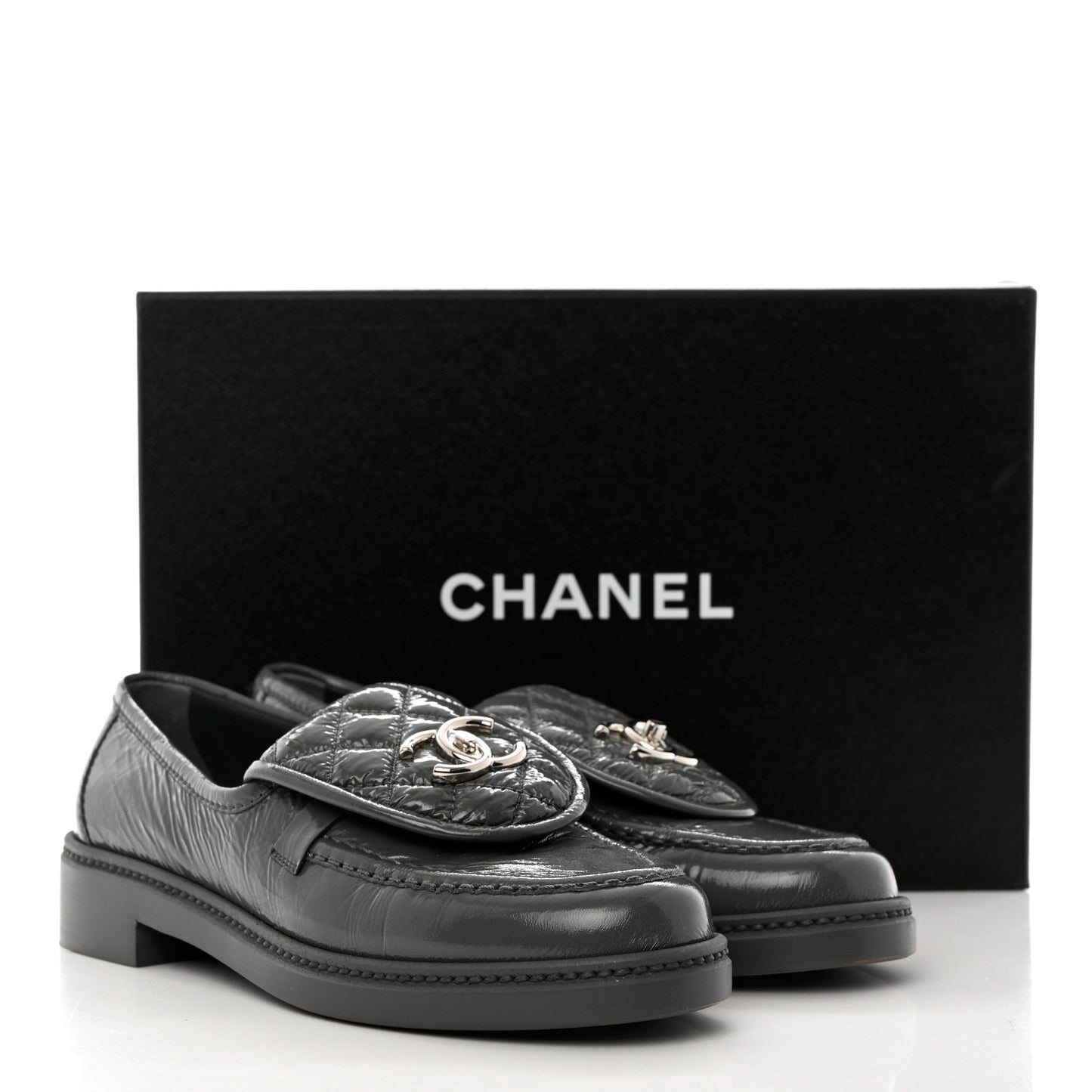 Crumpled Shiny Lambskin Quilted CC Turnlock Loafers 37 Dark Grey
