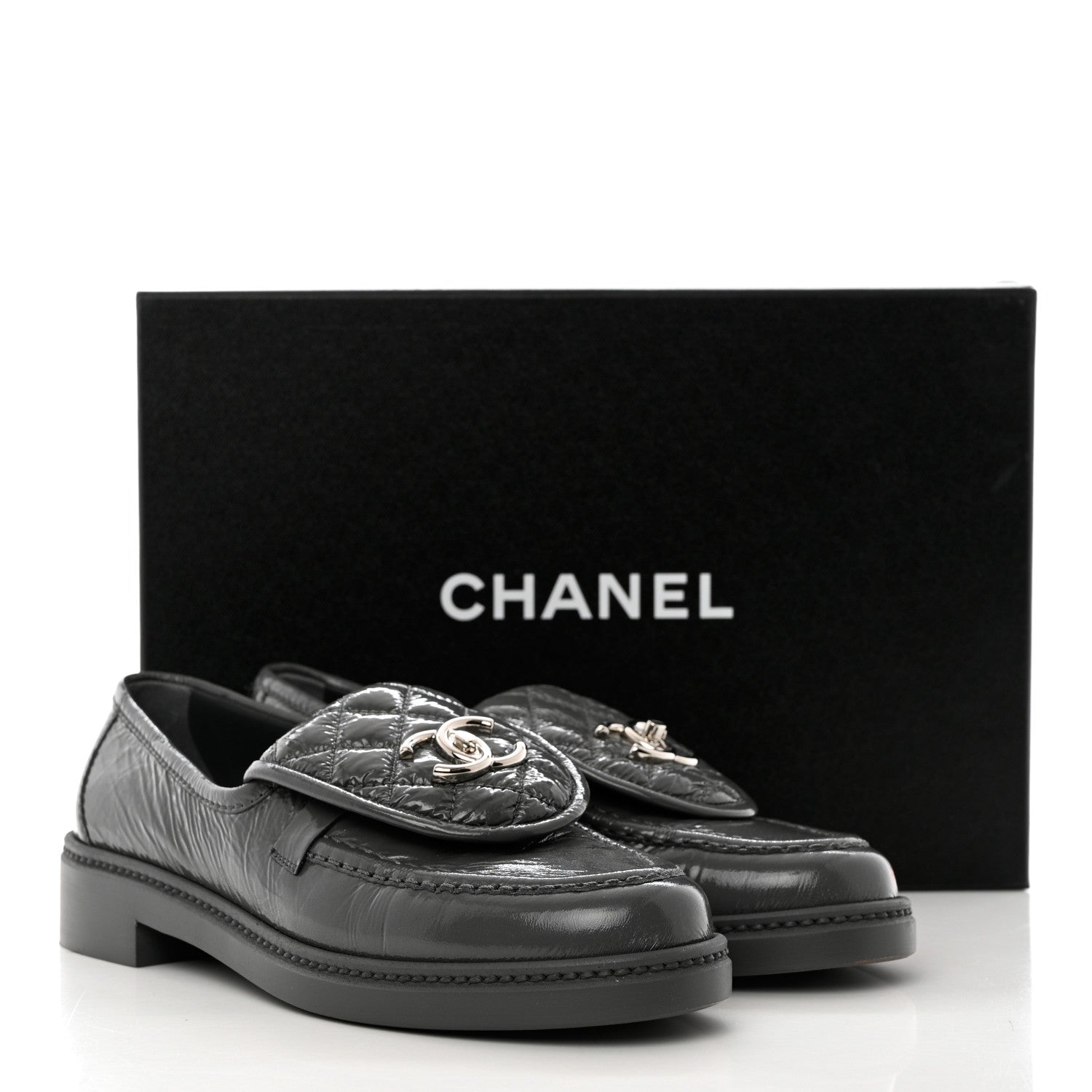 Chanel Crumpled Shiny Lambskin Quilted CC Turnlock Loafers 37 Dark Grey 9 of 9