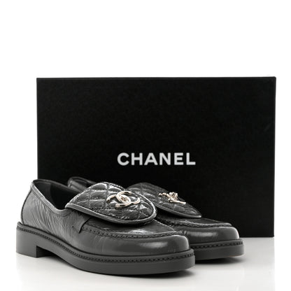 Chanel Crumpled Shiny Lambskin Quilted CC Turnlock Loafers 37 Dark Grey 9 of 9