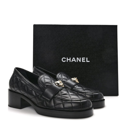 Chanel Lambskin Quilted CC Heart Loafers 38 Black 9 of 9