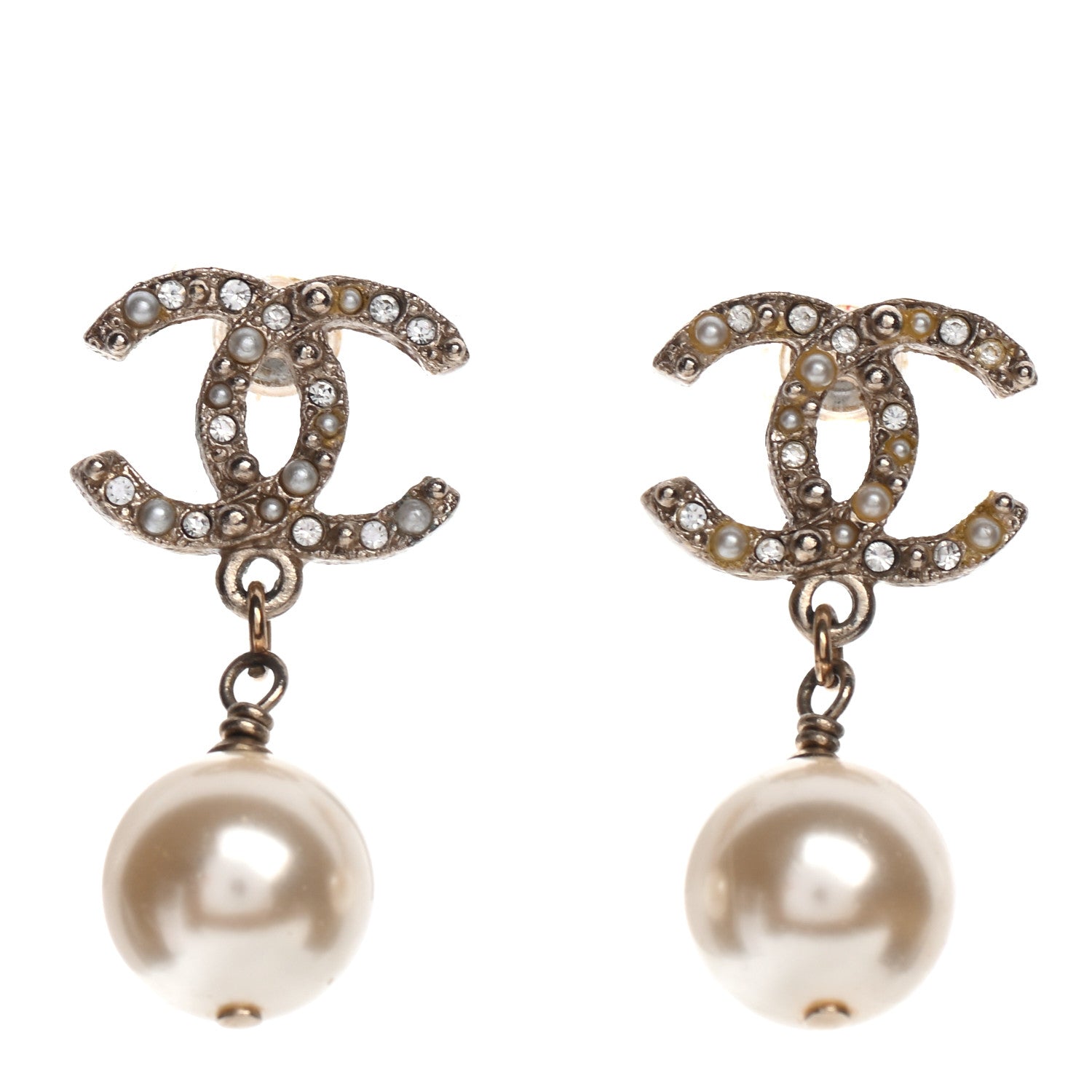 Chanel Crystal Pearl CC Drop Earrings Gold 1 of 4