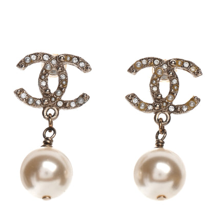 Chanel Crystal Pearl CC Drop Earrings Gold 1 of 4
