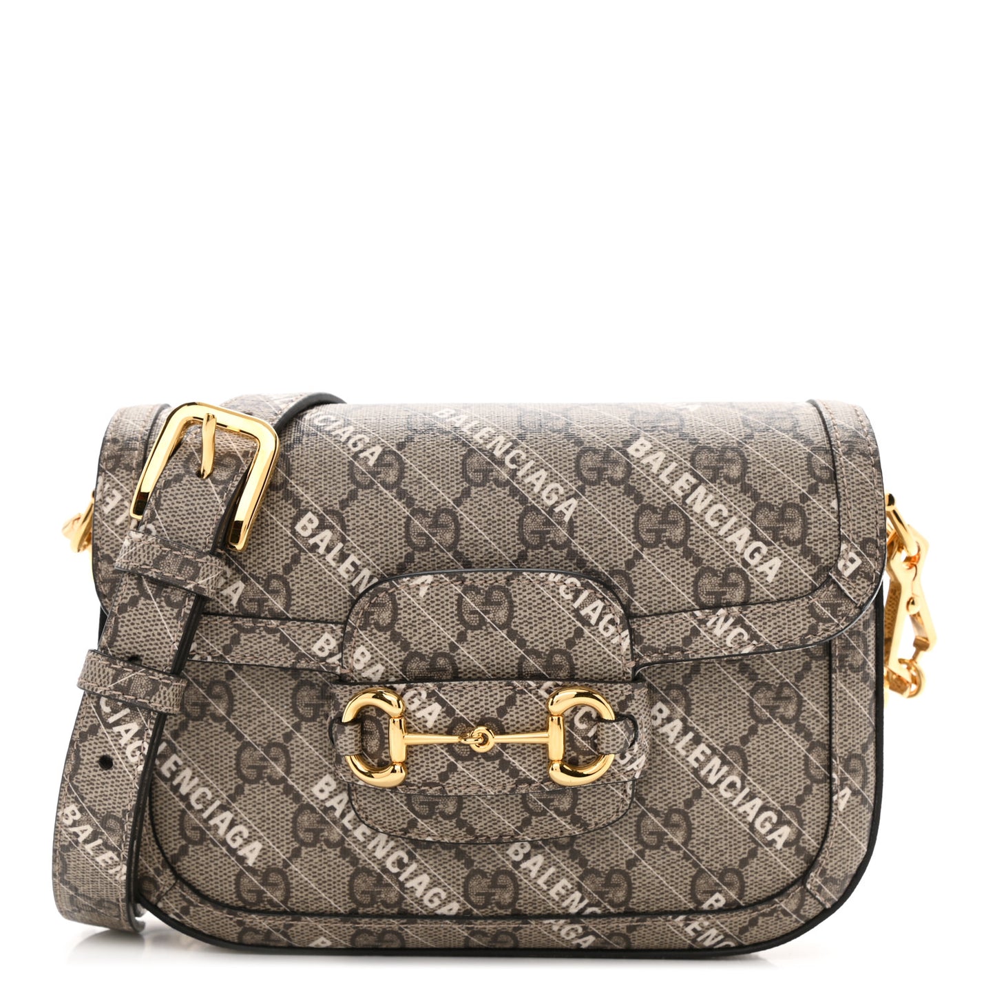 X BALENCIAGA GG Supreme Monogram Logo Print Horsebit 1955 Shoulder Bag Beige Ebony