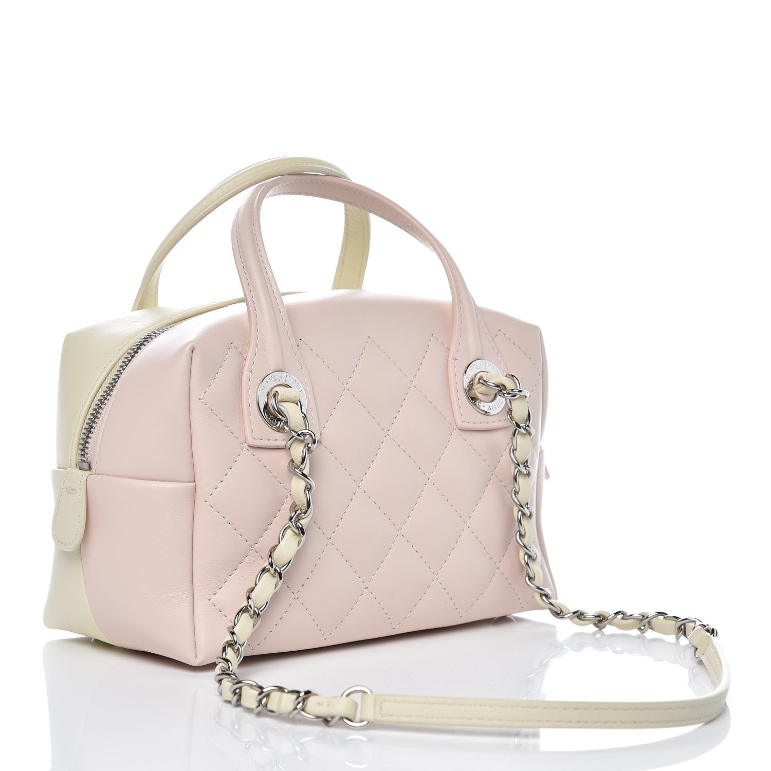 Chanel Calfskin Quilted Feather Weight Bowling Bag Ivory Light Pink 3 of 11