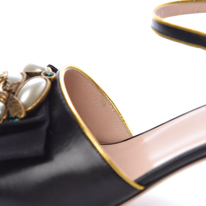 Gucci Nappa Silk Pearl Bee Embellished Mid-Heel Sandals 39.5 Black 5 of 9