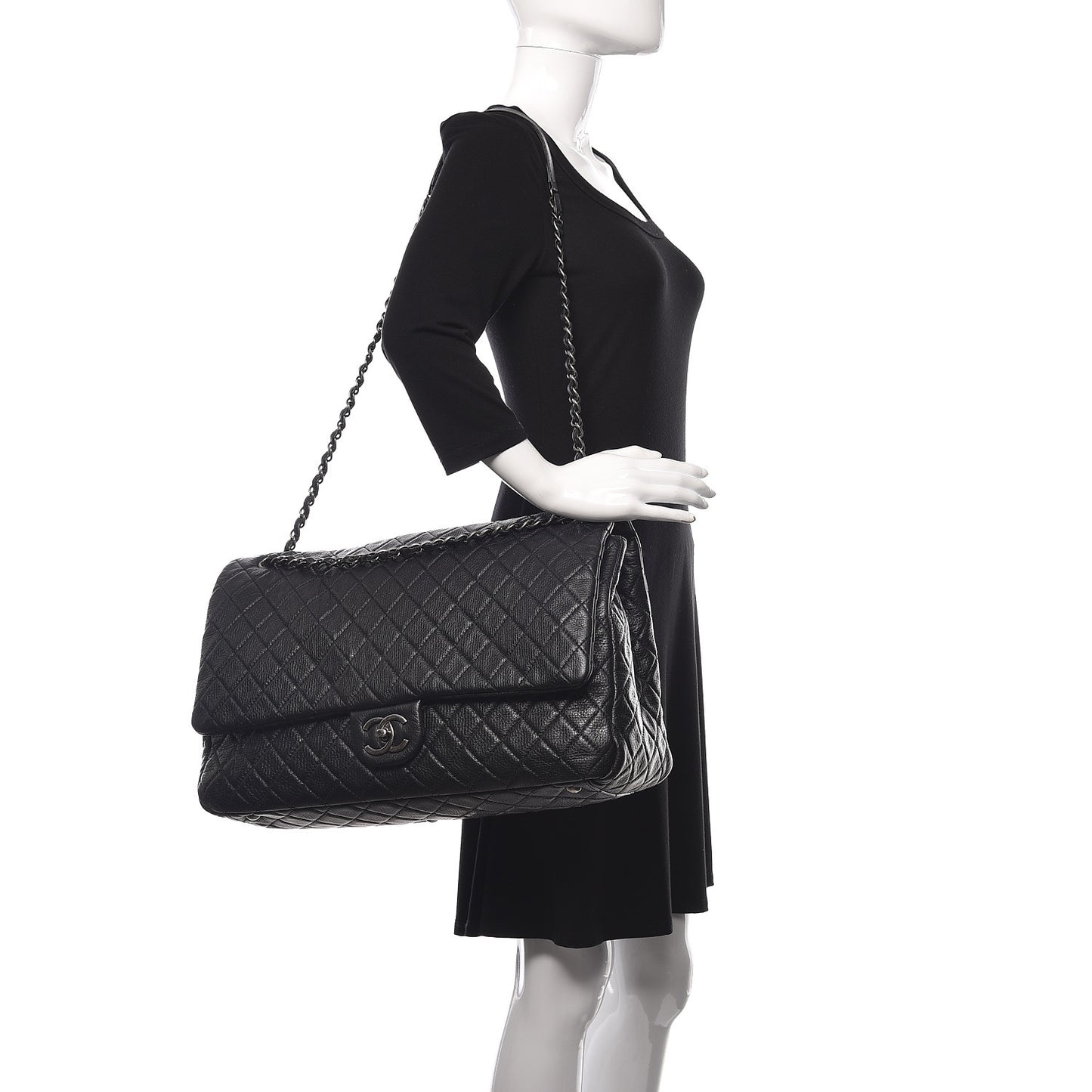 Calfskin Quilted XXL Travel Flap Bag Black