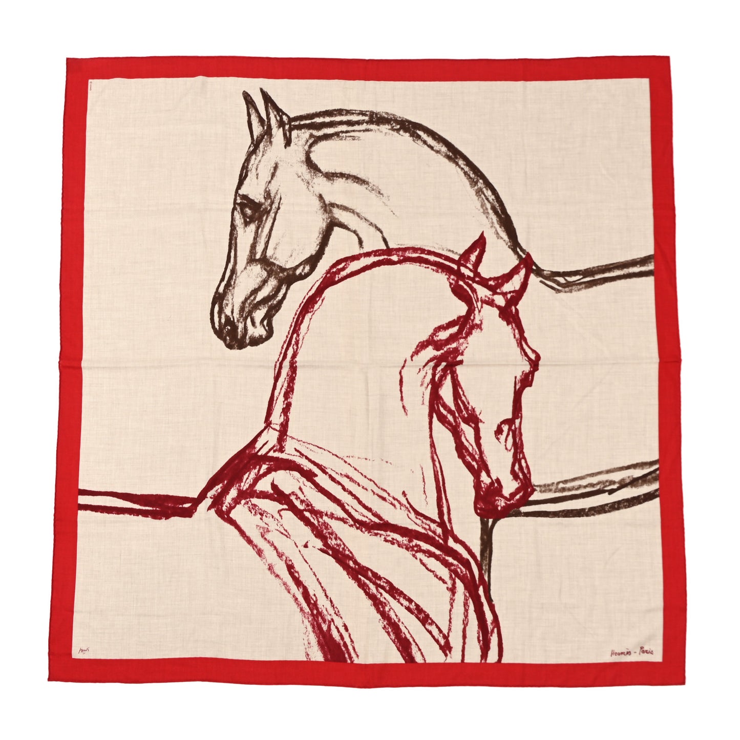 Cashmere Silk Chevaux Au Pre Shawl 140 Naturel Rouge