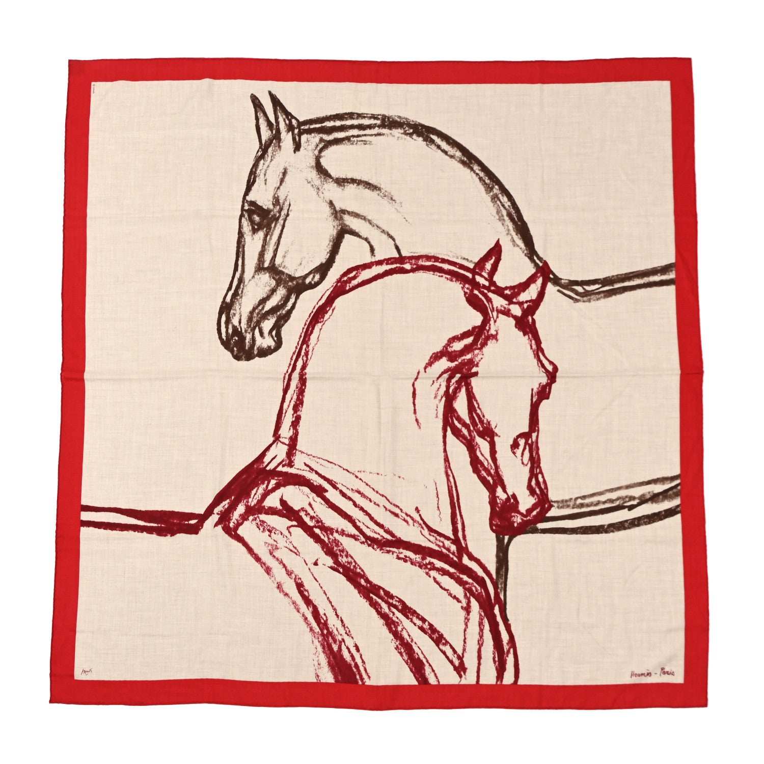 Hermes Cashmere Silk Chevaux Au Pre Shawl 140 Naturel Rouge 1 of 5