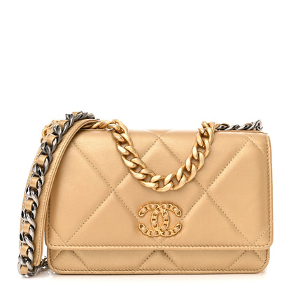 Chanel Metallic Goatskin Quilted Chanel 19 Wallet On Chain WOC Gold 1 of 18