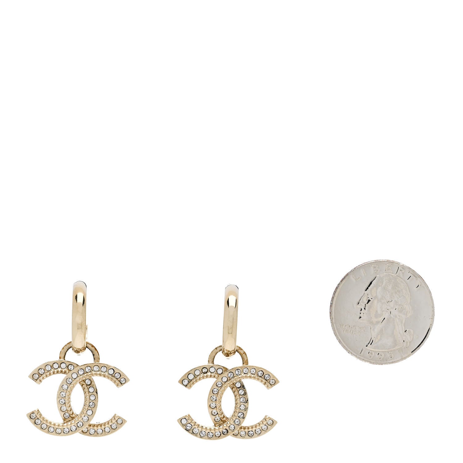 Chanel Metal Crystal Studded CC Hoop Drop Earrings Gold 2 of 5