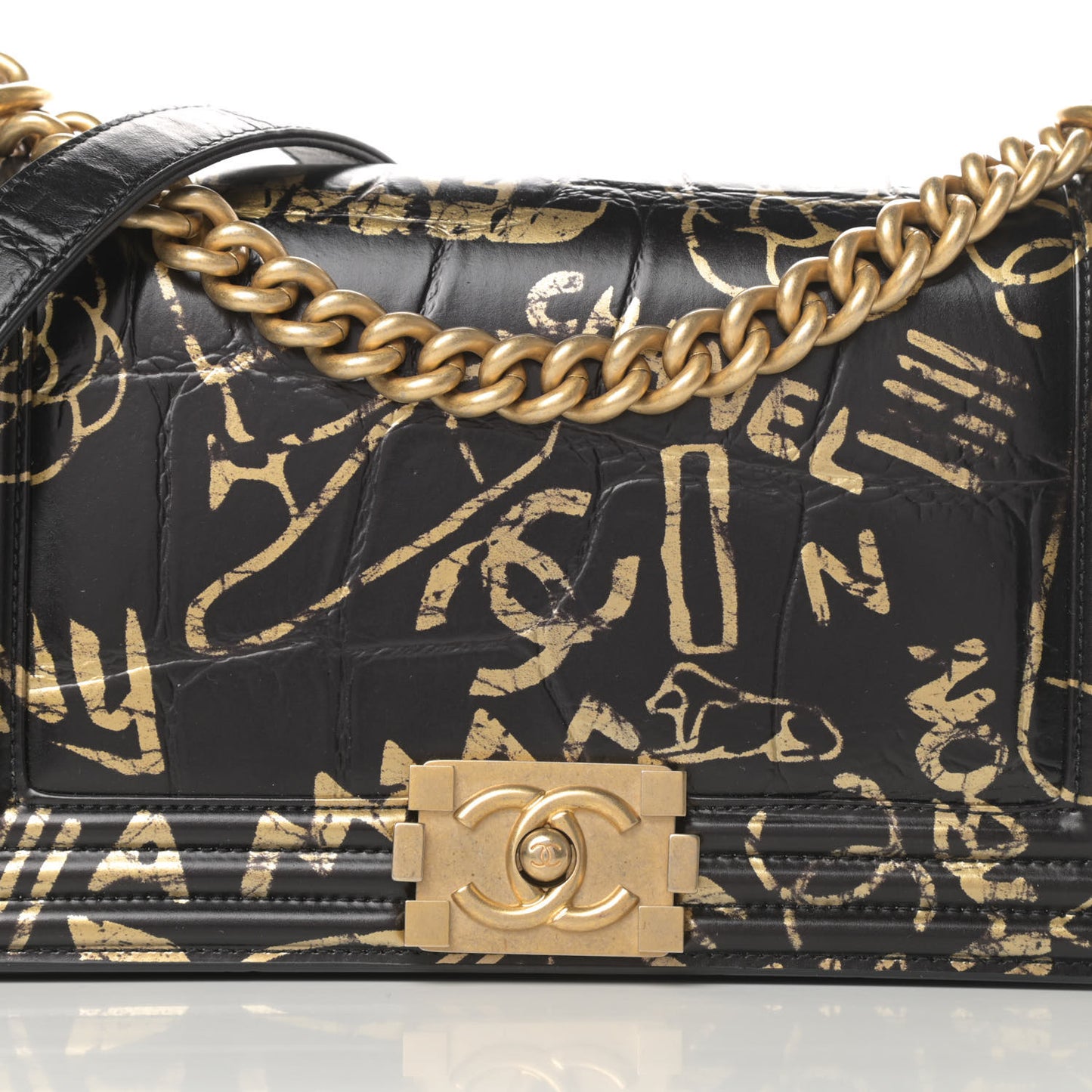 Calfskin Crocodile Embossed Graffiti Cocodile Medium Boy Flap Black