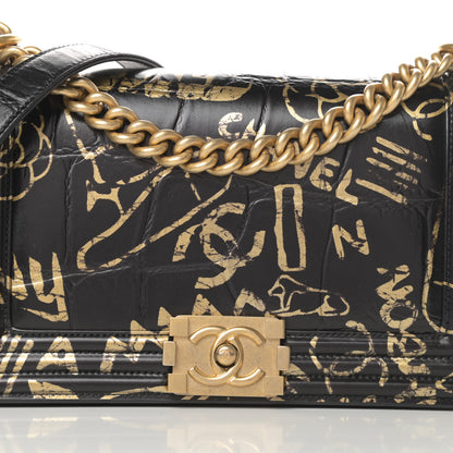 Chanel Calfskin Crocodile Embossed Graffiti Cocodile Medium Boy Flap Black 10 of 13