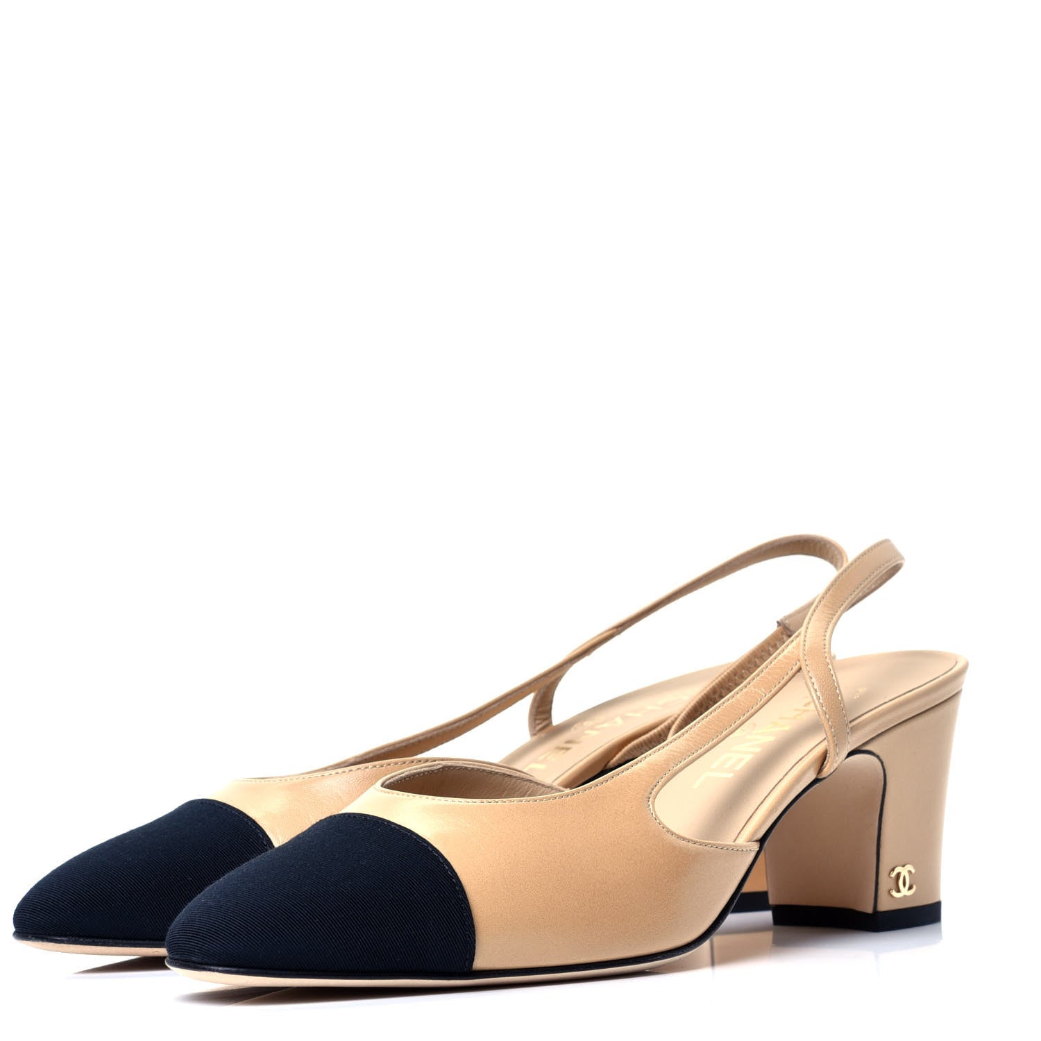 Chanel Goatskin Grosgrain Cap Toe CC Slingback Pumps 38.5 Beige Black 4 of 10