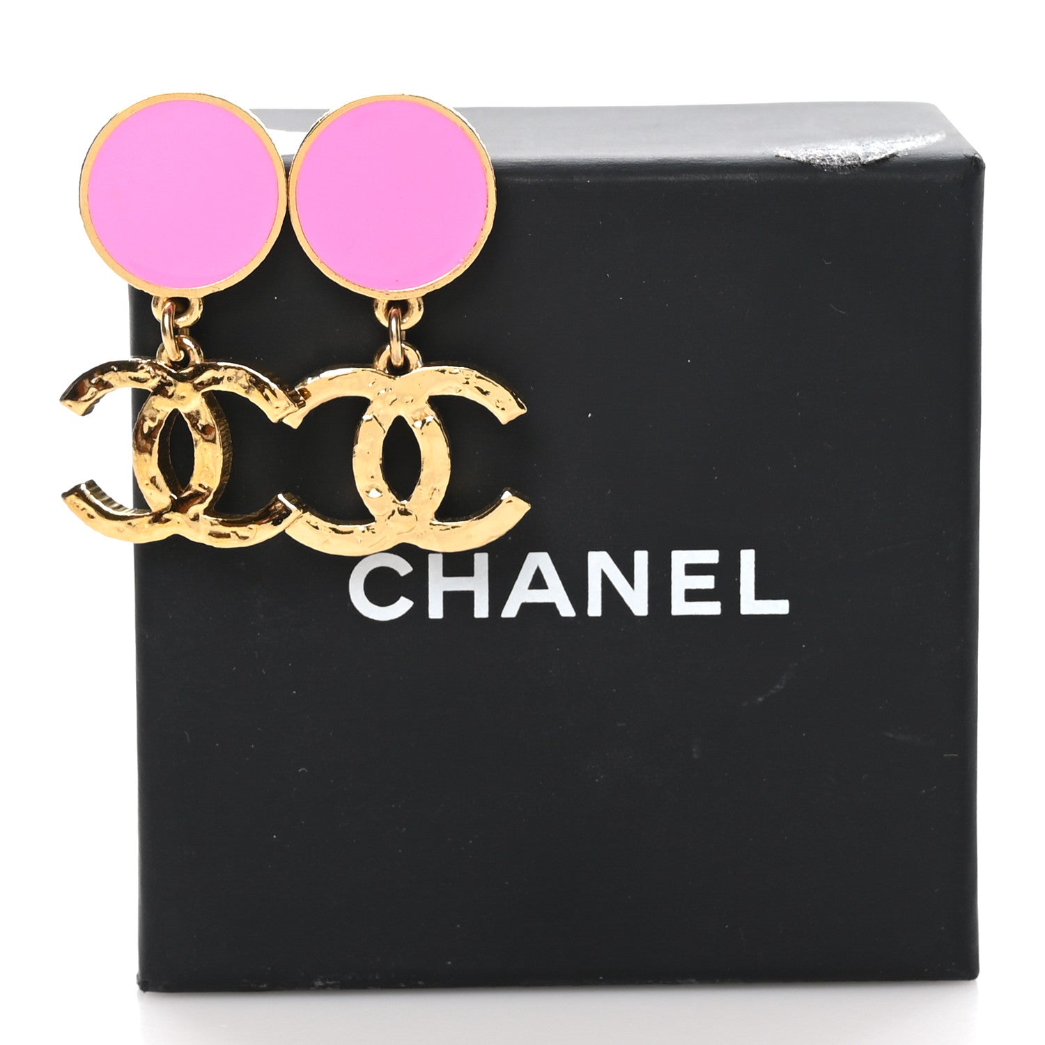 Chanel Metal Resin Disc CC Drop Earrings Gold Pink 5 of 5