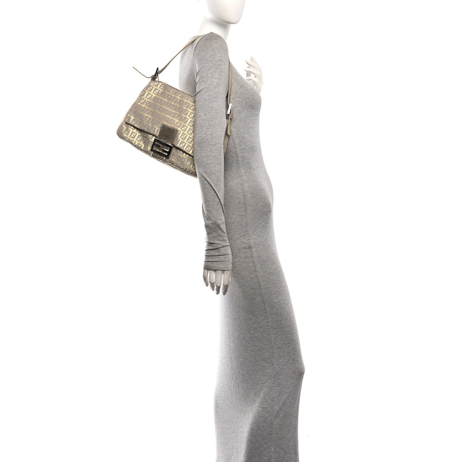 Fendi Metallic Jacquard Zucchino Suede Mama Baguette Peltro Argento Sabbia 2 of 10