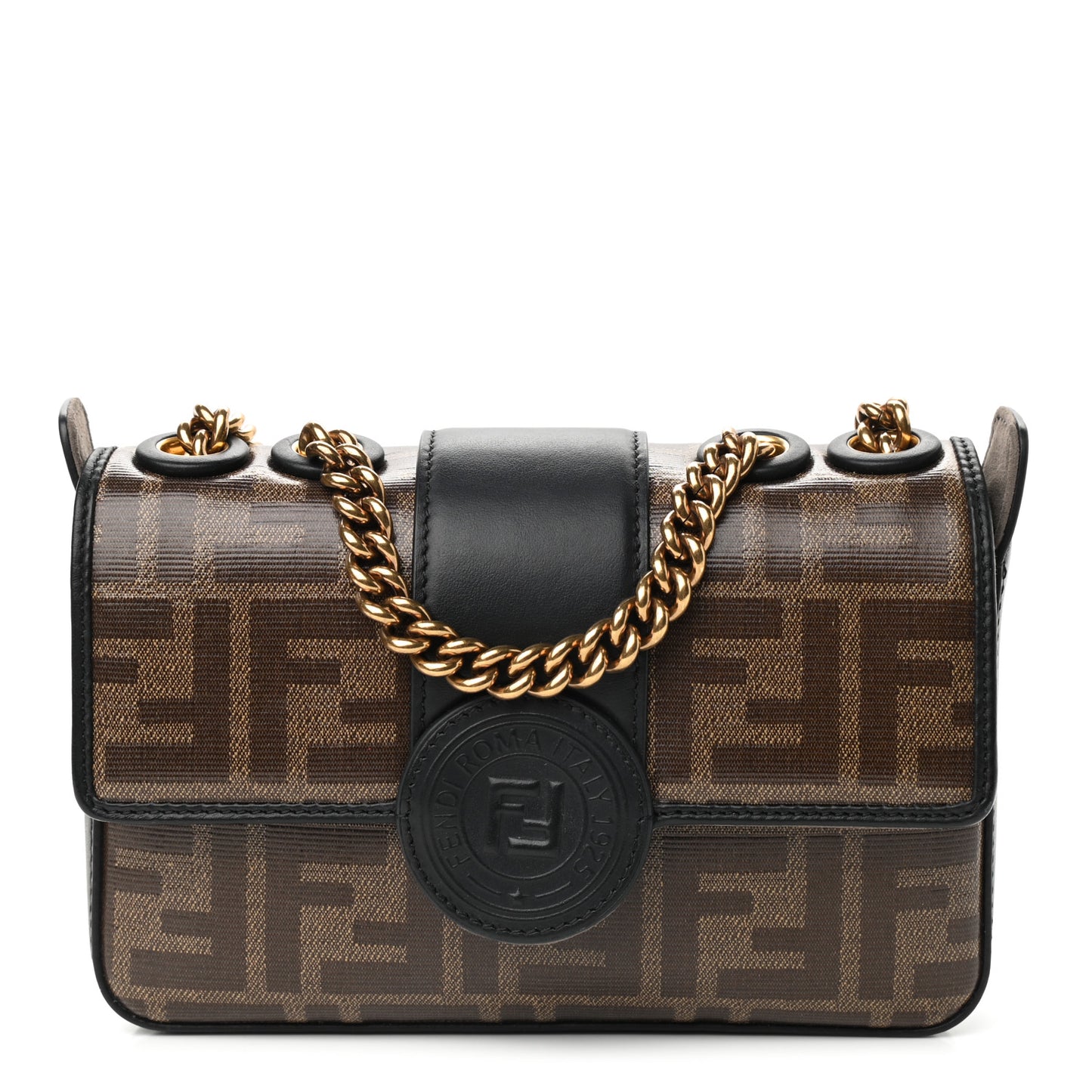 Glazed Fabric Vitello Century FF 1974 Stamp Patch Mini Double F Crossbody Bag Mogano Panna Black