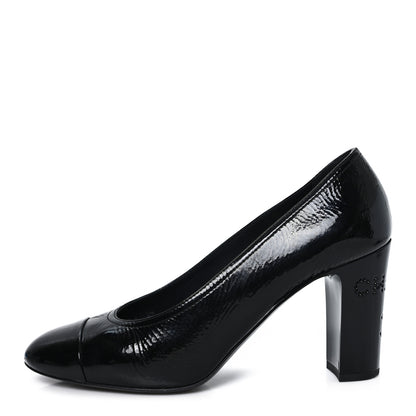 Chanel Crumpled Goatskin Patent Calfskin Crystal Cap Toe Logo Pumps 39 Black 1 of 10