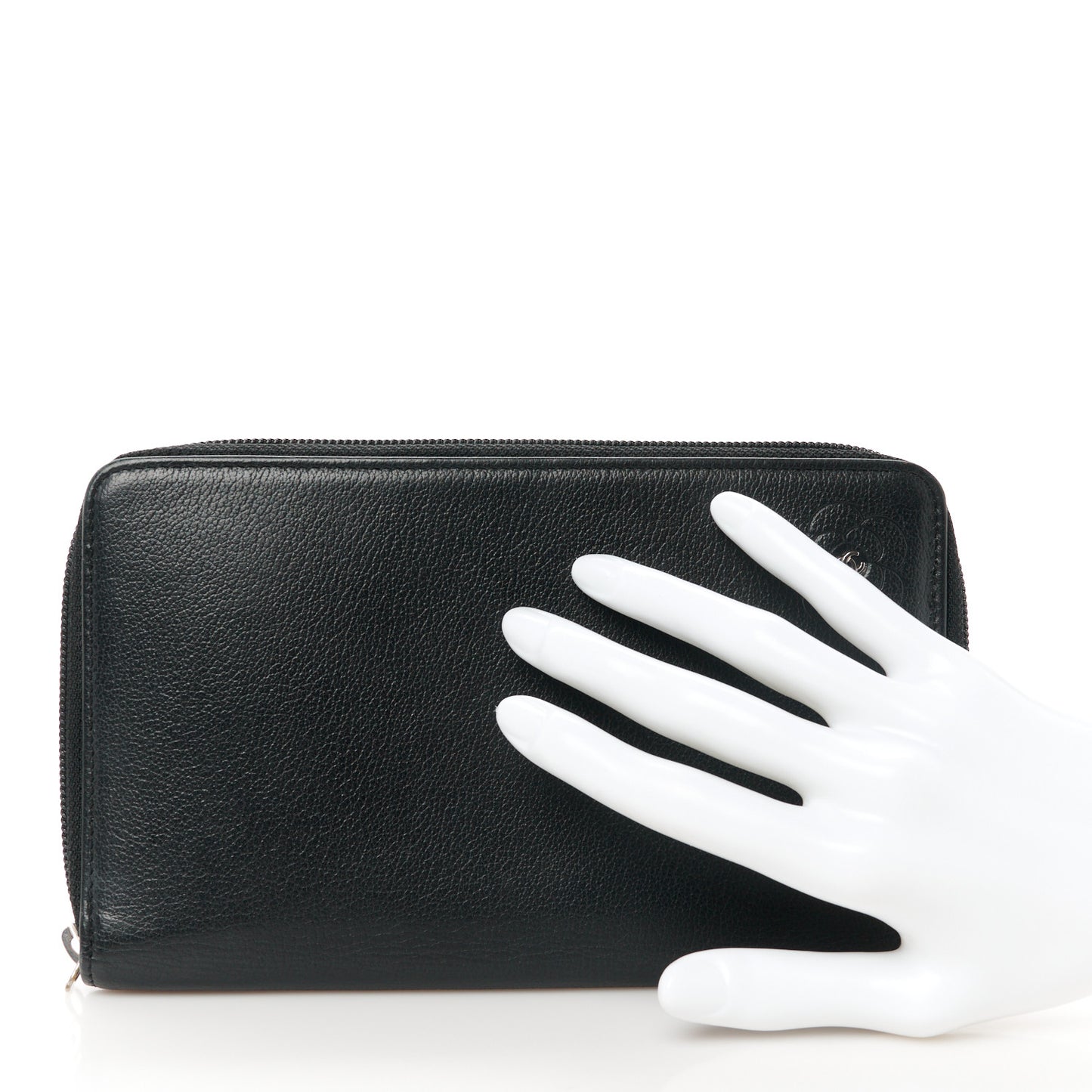 Goatskin Camellia Embossed Zip Around Organizer Wallet Black
