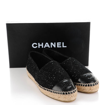 Chanel Tweed Patent Goatskin Sequin CC Espadrilles 37 Black 9 of 9