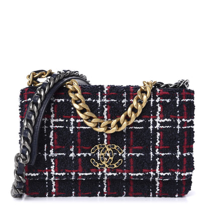 Chanel Wool Tweed Lambskin Quilted 19 Wallet On Chain WOC and Coin Purse Blue White Red 1 of 12