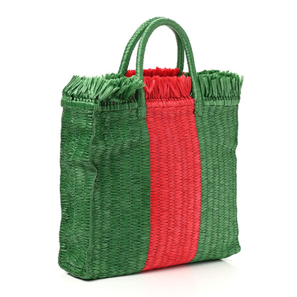 Gucci Raffia Linen Web Cestino Tote Bag Red Green 3 of 10