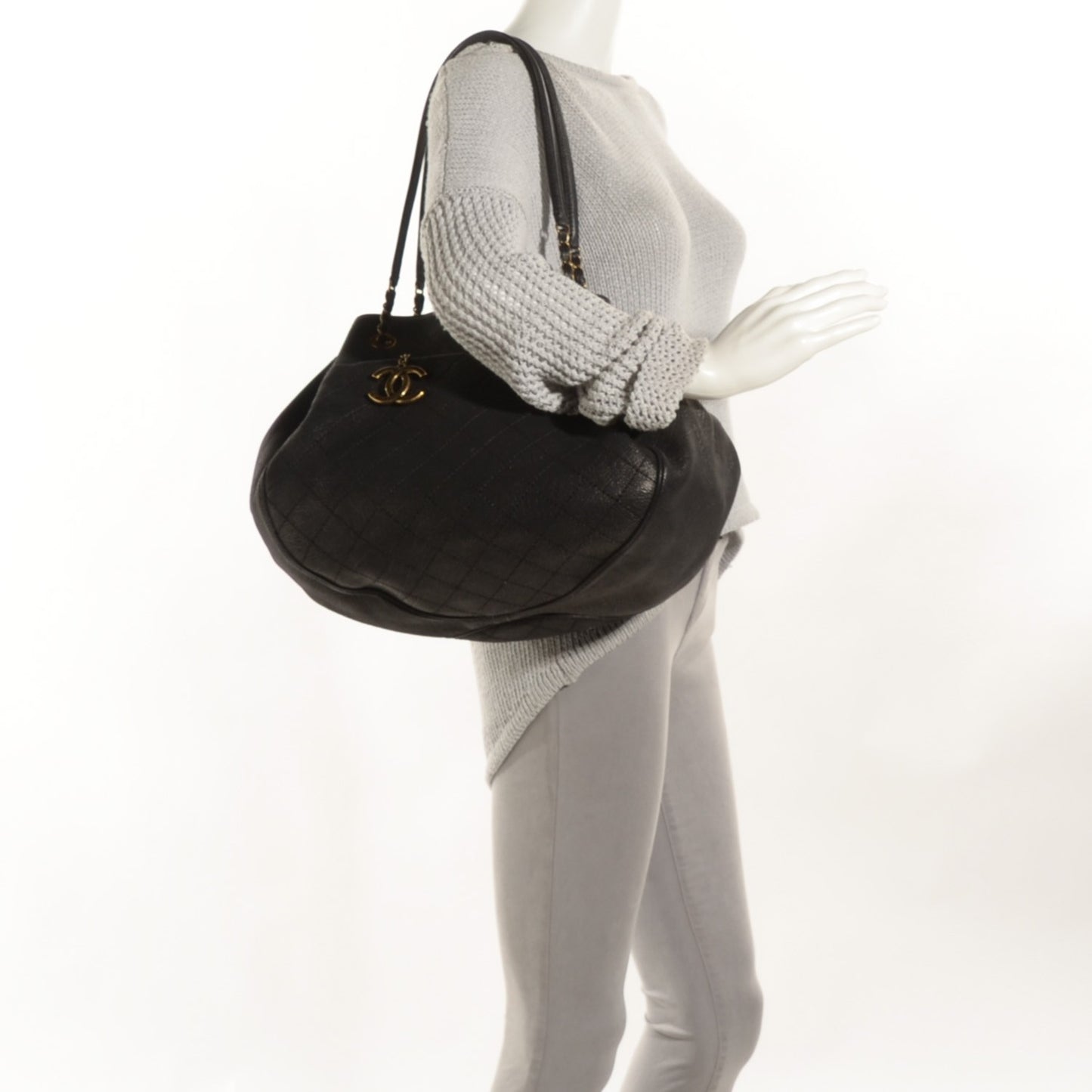 Iridescent Grained Calfskin Stitched Accordion Tote Dark Grey
