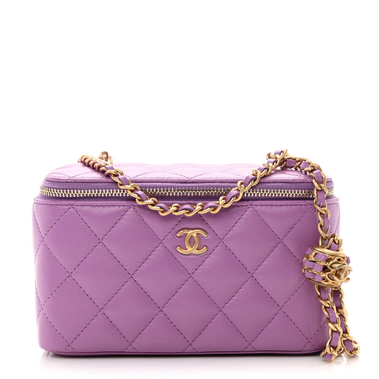 Lambskin Quilted Pearl Crush Small Vanity Case With Chain Purple